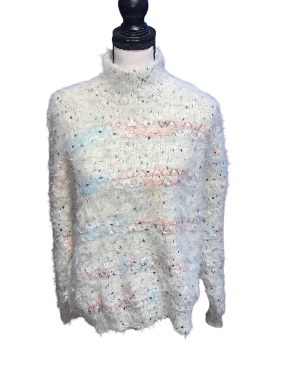 Telluride Clothing Cozy Fuzzy White Multi-Color Stripe Mock Neck Sweater